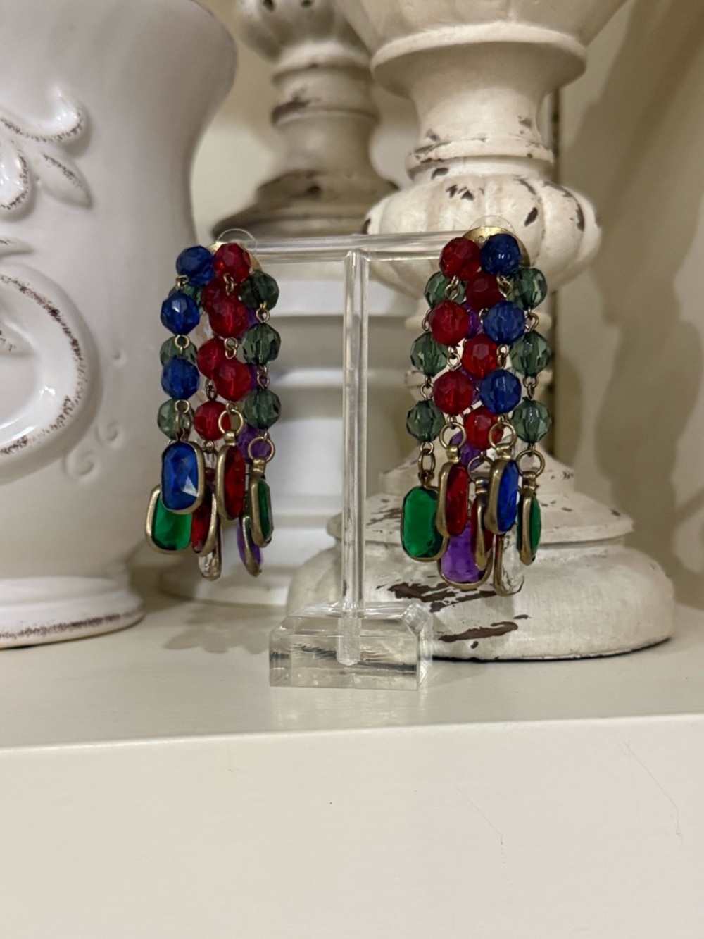 Vintage Jewel Tone Dangle Earrings - Colorful Jewel Earrings